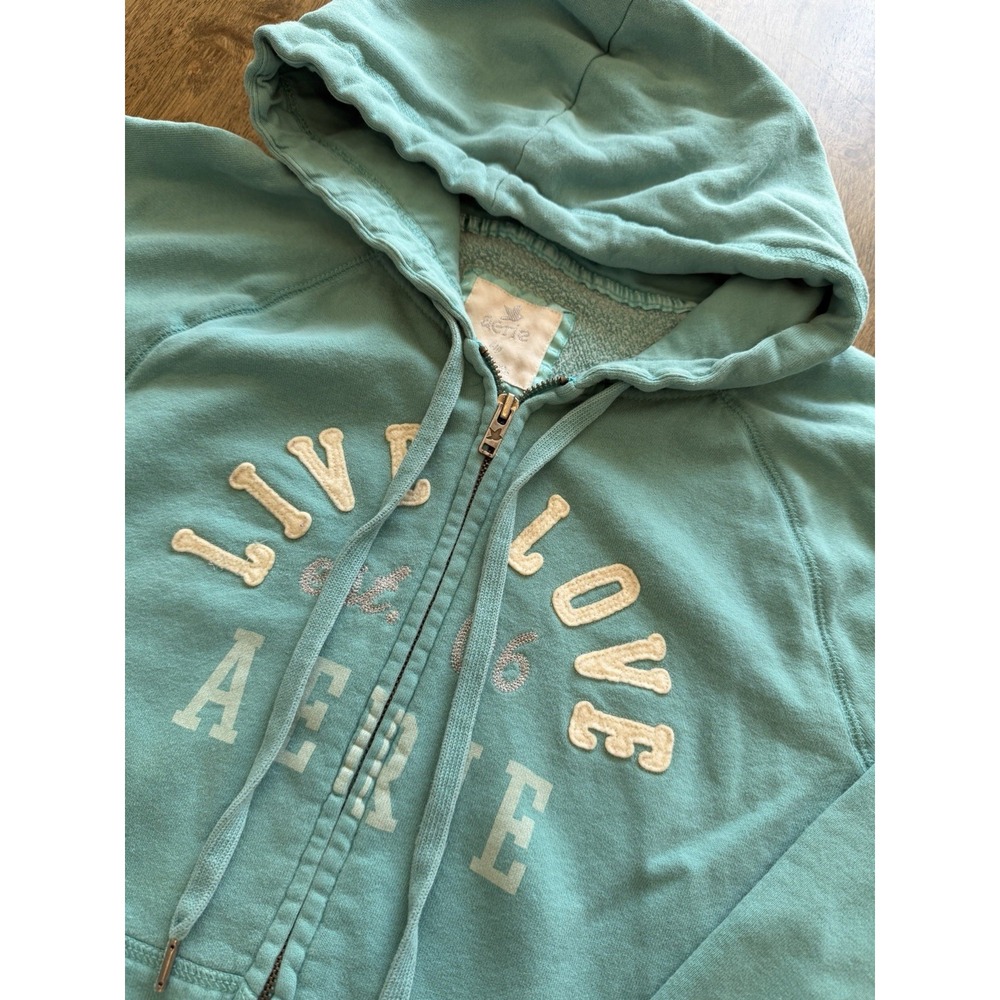 Aerie Vintage Full Zip Hoodie Sweatshirt Turquoise Teal Live Love Aerie Size M